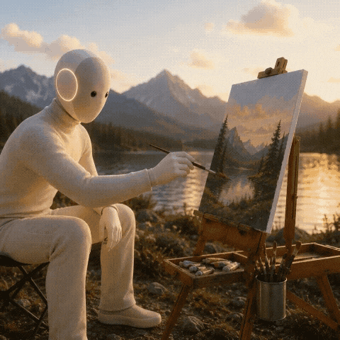 NEO painting a mountain landscape beside a lake