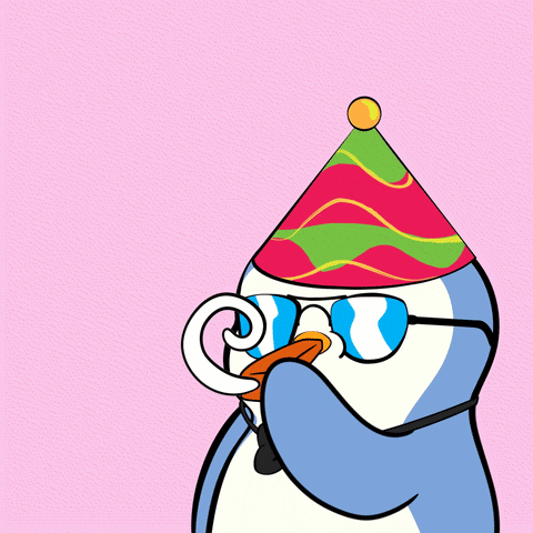 A Pudgy Penguin celebrating with a party horn